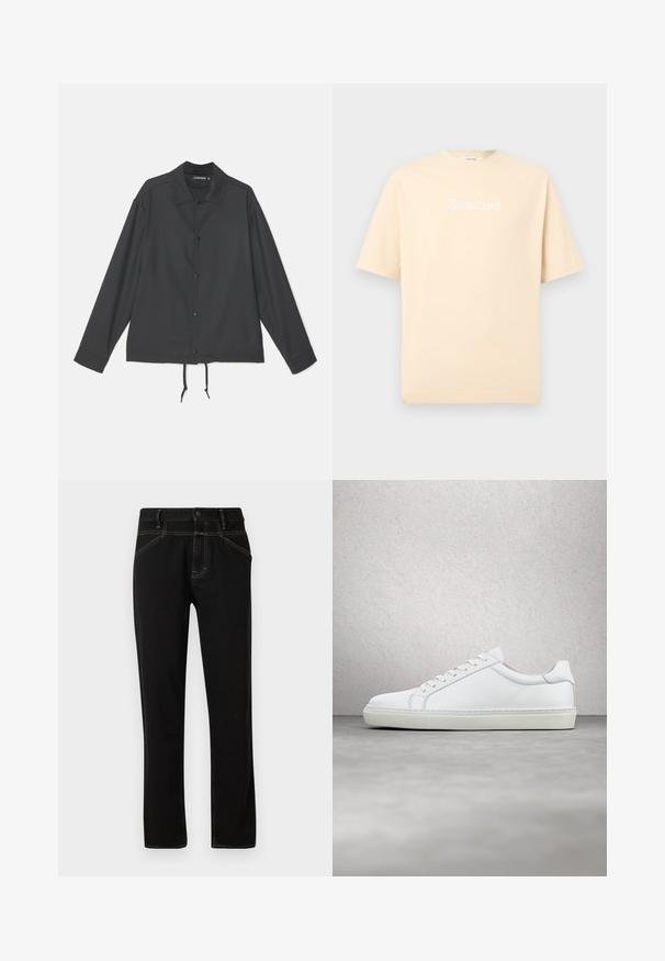J.LINDEBERG CELIAN COACH OVERSHIRT - Chaqueta fina - black; Camiseta de algodón beige de manga corta con texto blanco "Selected" centrado en el pecho sobre un fondo liso.; Vaqueros de mezclilla negros con corte recto, con costuras amarillas, cinco bolsillos y cierre de botón en la parte delantera. Textura suave y diseño minimalista.; Zapatilla blanca con parte superior de cuero liso y perfil bajo. Presenta una puntera redondeada, seis ojales y una suela de goma texturizada.