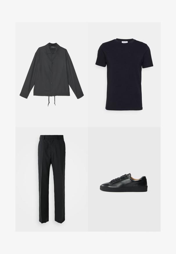 J.LINDEBERG CELIAN COACH OVERSHIRT - Let jakke / Sommerjakker - black; Sort kortærmet t-shirt med rund hals og et lille hvidt mærke indeni halsudskæringen.; Sorte bukser med lige ben-design, lavet af glat stof. Har en flad talje og ingen synlige mønstre eller udsmykninger.; Sorte lædersneakers med en glat overflade, rund tå og snørebåndslukning. Har en tyk gummisål og minimal branddetalje.