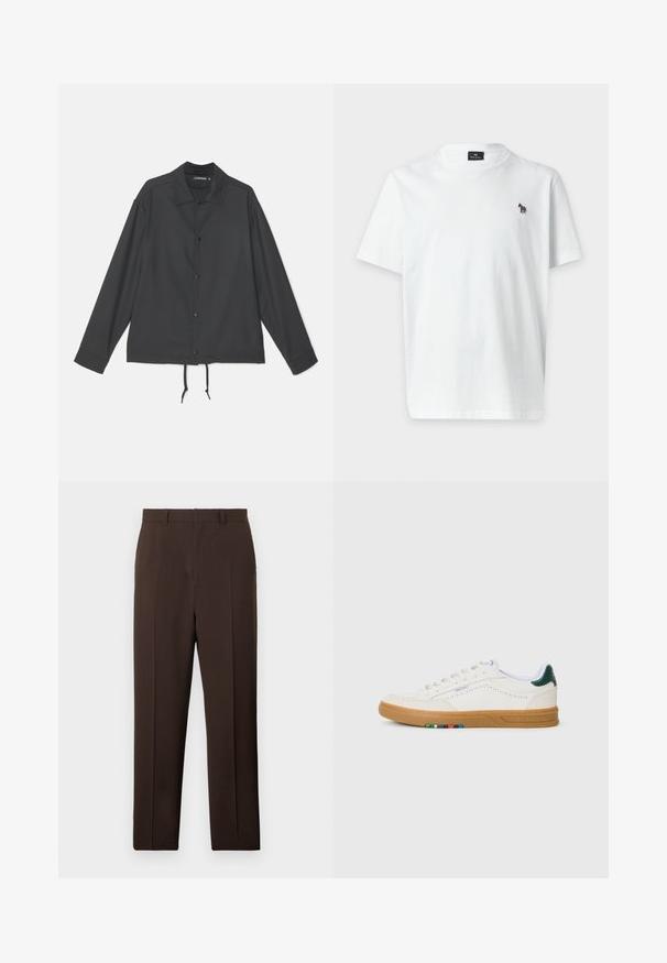 J.LINDEBERG CELIAN COACH OVERSHIRT - Kevyt takki - black; Yksinkertainen valkoinen lyhythihainen T-paita, jossa vasemmassa rintapäässä pieni monivärinen seepra-logo ja pyöreä pääntie.; Tummanruskeat, suorat suoralahkeiset räätälöidyt housut, joissa on edessä laskokset ja vyölenkit, esitetty valkoisella taustalla.; Valkoinen nahkakengät, joissa on rei'itetty muotoilu, kumipohja, vihreä kantapään yksityiskohta ja värikkäät raidoitus sivuilla.