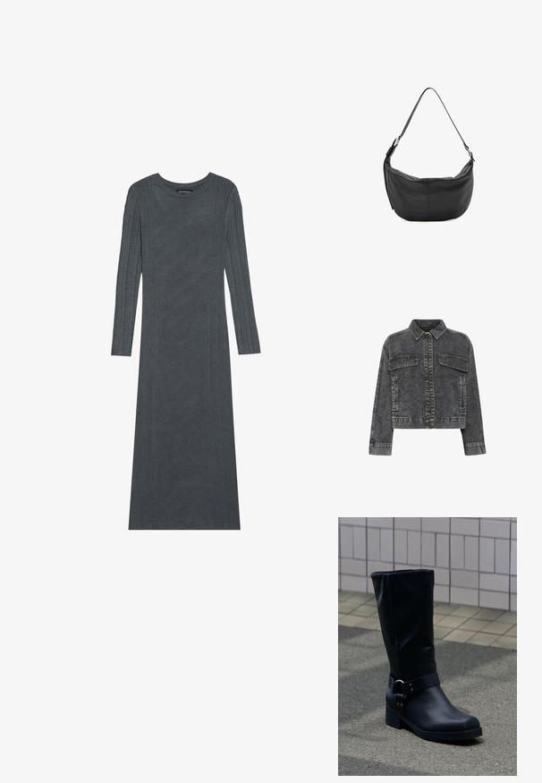 Mørkegrå denimjakke med krave, frontknaplukning, to brystlommer og kontrastsyning. Har et cropped design.; Langærmet, mørkegråt kjole lavet af blødt strikmateriale. Har teksturerede lodrette striber langs ærmerne og kroppen. Rund halsudskæring.; Sort læderstøvle midt på læggen med lav blokhæle og en dekorativ rem med metal spænde rundt om anklen, på en flisebelagt fortov.; Sort skuldertaske i læder i halvmåneform med justerbar rem og sølvspænder på hvid baggrund.
