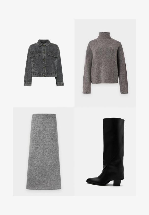 Chaqueta de mezclilla gris oscuro con cuello, cierre frontal de botones, dos bolsillos en el pecho y costuras en contraste. Presenta un diseño recortado.; Jersey de cuello alto gris, hecho de un material de punto suave, con mangas largas y un ajuste holgado, con textura acanalada en los puños y en el dobladillo.; Falda de lápiz gris de textura suave, forma en A y sin cierres ni adornos visibles. Adecuada para uso casual o formal.; Bota alta de cuero negro con costuras anguladas, puntera puntiaguda y tacón grueso de altura media sobre fondo blanco.