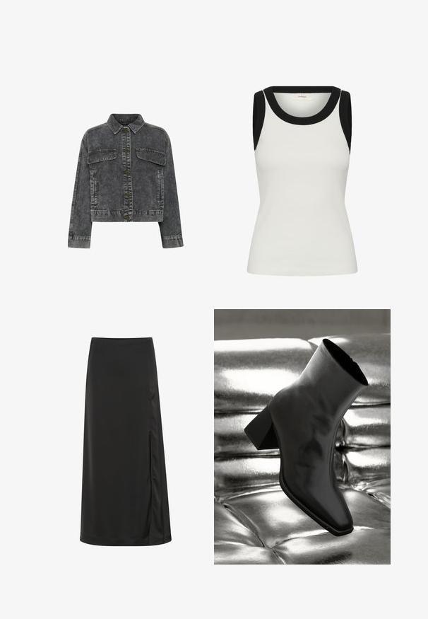 Chaqueta de mezclilla gris oscuro con cuello, cierre frontal de botones, dos bolsillos en el pecho y costuras en contraste. Presenta un diseño recortado.; Camiseta sin mangas blanca acanalada con ribete ancho negro acanalado en el escote y las sisas, silueta ajustada.; Falda midi negra hecha de una tela suave, con una abertura lateral y una cinturilla estructurada. Diseño simple y elegante, sin patrones ni acentos visibles.; Botín negro de tobillo hecho de material brillante, con punta cuadrada y tacón cónico, contra un fondo plateado brillante con almohadillado.