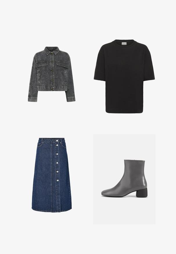 Donkergrijze denimjas met een kraag, sluiting met knopen aan de voorkant, twee borstzakken en contrasterende stiksels. Heeft een cropped ontwerp.; Zwart loszittend T-shirt met korte mouwen, een ronde hals en een zichtbaar wit label aan de binnenkant van de kraag met de tekst "GESTUZ".; Denim rokje met een hoge taille, sluiting met knopen aan de voorkant en twee zijzakken. Donkerblauwe kleur, rechte snit en zichtbare stiksel details.; Grijze leren enkelboot met een slank ontwerp, spitse neus en een korte blokhak. Gladde textuur met minimale merkvoering aan de zijkant.