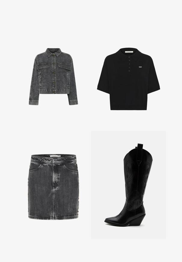 Chaqueta de mezclilla gris oscuro con cuello, cierre frontal de botones, dos bolsillos en el pecho y costuras en contraste. Presenta un diseño recortado.; Camiseta polo negra con cuello con solapa, mangas cortas, tapeta de cinco botones y un pequeño logo bordado en el pecho. Textura de tela lisa.; Falda de mezclilla negra con forma ajustada, que presenta una textura desgastada y herrajes decorativos plateados a lo largo de los costados. Incluye cinco bolsillos.; Bota de vaquero de cuero negro con punta puntiaguda, tacón bloqueado inclinado, costuras decorativas y lengüetas en la parte superior sobre fondo blanco.