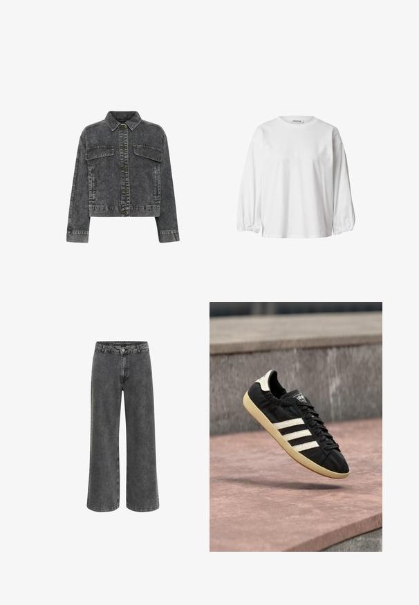 Donkergrijze denimjas met een kraag, sluiting met knopen aan de voorkant, twee borstzakken en contrasterende stiksels. Heeft een cropped ontwerp.; Witte lange mouwen top van zachte stof. Heeft een ronde halslijn en poffende mouwen met elastische manchetten voor een relaxte pasvorm. Minimalistisch ontwerp.; Wijdvallende broek in vervaagd zwart denim, met een klassieke knoopsluiting, vijf-pocket ontwerp en een licht gestructureerde afwerking.; Zwarte Adidas sneaker met witte strepen en beige zool, vastgelegd in de lucht boven een stenen oppervlak en een stenen muur op de achtergrond.