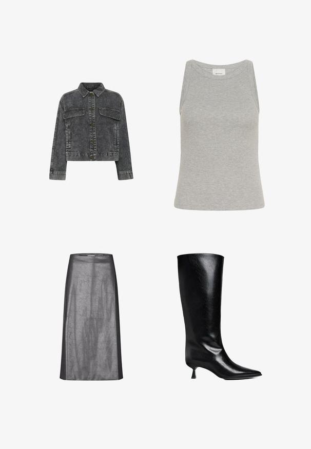 Mørkegrå denimjakke med krave, frontknaplukning, to brystlommer og kontrastsyning. Har et cropped design.; Grå ribbet tanktop med rund halsudskæring og ærmeløs design. Fremstillet af blødt stof, har en tætsiddende silhuet og minimale syninger.; Grå pencilnederdel lavet af et skinnende, tekstureret stof. Har en lige silhuet og en kant over knæet. Ingen synlige lukninger.; Sort læderknæhøje støvler med spidse tæer, slank silhuet og en lav blokhæl med en blank finish.