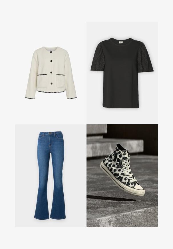 Weiße Fleecejacke mit Rundhalsausschnitt, schwarzen Knöpfen und kontrastierenden Zickzacknähten entlang des Saums und der Taschen.; JDY JDYRIGA MIX - T-Shirt print - black; Damen blaue Denim Flared Jeans mit fünf Taschen, Knopfverschluss und sichtbaren Nähten auf weißem Hintergrund.; Schwarz-weißer High-Top-Sneaker mit Leopardenmuster, weißen Schnürsenkeln und cremefarbener Gummisohle schwebt über einer Betonfläche.