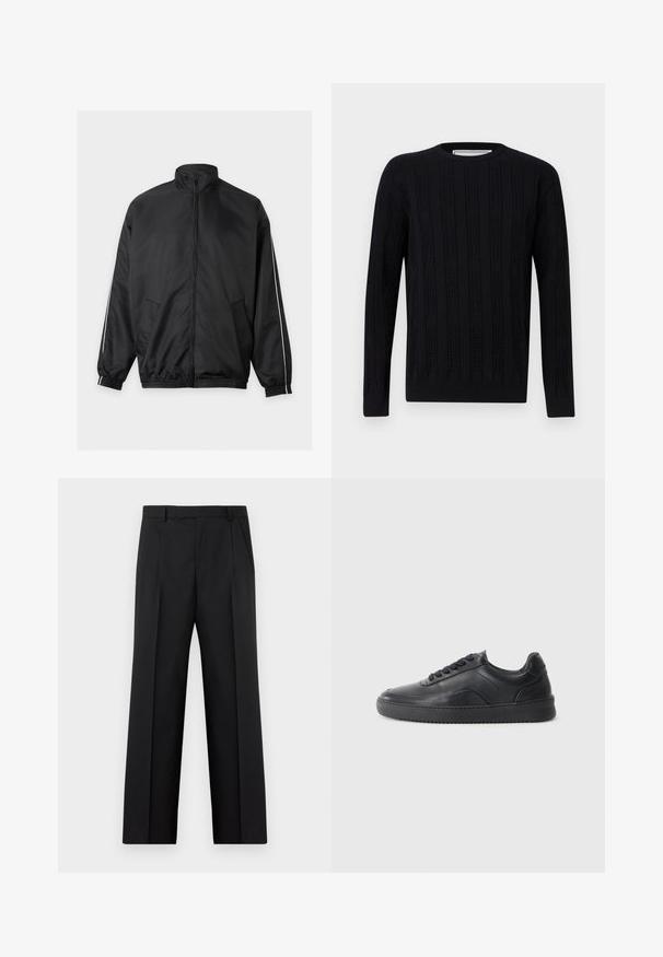 Veste noire zippée intégralement avec col montant, poignets et ourlet élastiques, poches latérales et fines bandes blanches le long des manches.; Pull noir à manches longues avec col rond, rayures texturées verticales et motif du nom de la marque en relief sur toute la surface.; Pantalon noir habillé à jambes droites avec plis avant, poches latérales et taille avec passants de ceinture, présenté à plat sur un fond blanc.; Chaussure de sport en cuir noir avec une finition lisse, bout arrondi, panneau latéral texturé et lacets noirs. Présente une semelle en caoutchouc plate et un design minimaliste.