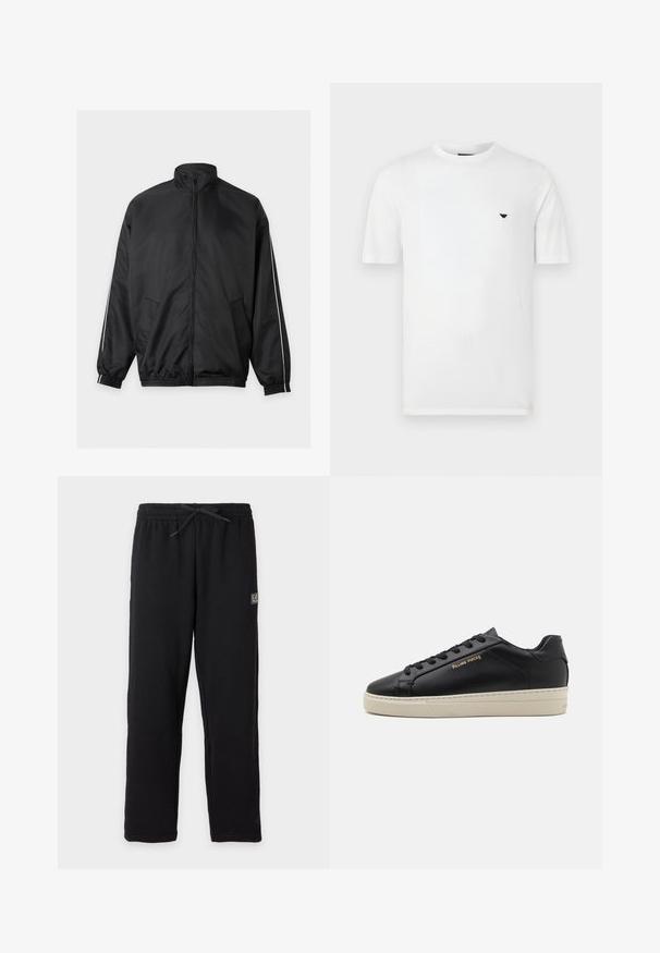 Veste noire zippée intégralement avec col montant, poignets et ourlet élastiques, poches latérales et fines bandes blanches le long des manches.; T-shirt en coton blanc avec col rond et manches courtes. Présente un petit logo noir sur le côté gauche de la poitrine. Texture lisse, coupe décontractée.; Pantalon de survêtement noir avec taille élastique et cordon, avec un petit patch logo EA7 rectangulaire sur la partie supérieure de la cuisse gauche.; Sneaker en cuir noir avec une finition lisse, semelle crème contrastante, bout arrondi, logo doré sur le côté et six œillets pour les lacets.
