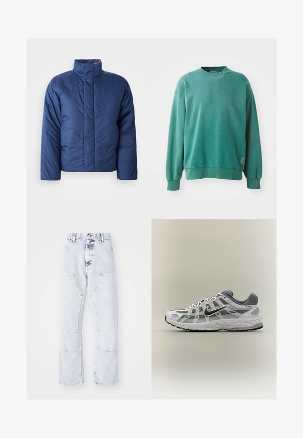 Marineblå dunjakke med høj krave, frontlynlås og quiltet tekstur. Har logo på venstre brystområde.; Grøn crewneck sweatshirt lavet af bomuldsblanding. Har ribbede manchetter og kant, afslappet pasform og et lille logo-tag på den nederste venstre side.; Lys blå denim straight-leg jeans med patchlommer, høj talje og en falmet overflade. Har tonede syninger og en afslappet pasform.; Hvid og grå Nike P-6000 sneaker med sort swoosh, meshpaneler og tekstureret sål, vist i sideprofil på neutral baggrund.