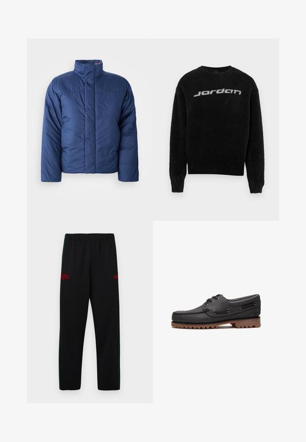 Marineblå dunjakke med høj krave, frontlynlås og quiltet tekstur. Har logo på venstre brystområde.; Sort, blød sweater med rund hals og ribbede manchetter. Har et gråt "Jordan"-logo på forsiden. Blød tekstur og afslappet pasform.; Sorte atletikbukser med elastisk linning, grønne sidelister og rødt broderet logo på begge sider. Glat, letvægtsmateriale.; Sort læder bådsko med snøredetaljer, rund tå, struktureret brun gummisål og sydd læderside.