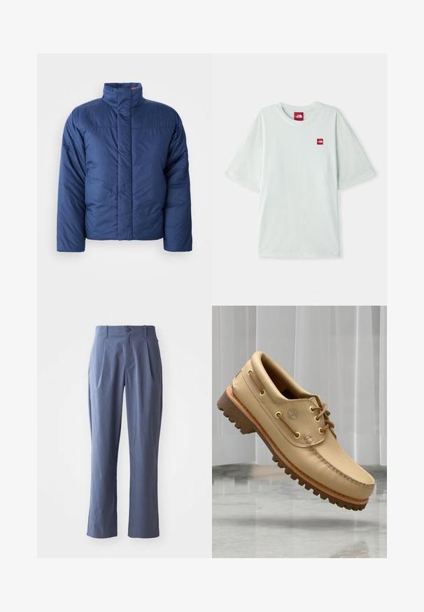 Marineblauer Daunenjacke mit hohem Kragen, vorderem Reißverschluss und gestepptem Design. Mit Logo auf der linken Brustseite.; Hellgrünes Kurzarm-T-Shirt aus weicher Baumwolle, mit einem kleinen roten Logostein auf der linken Brustseite. Entspannte Passform und runder Halsausschnitt.; Marineblaue Hose mit Falten, gerader Schnitt, aus leichtem Stoff, mit einem einzigen Frontknopfverschluss und Gürtelschlaufen.; Hellbraune Lederbootsschuhe mit dickem, geripptem Profil und Schnürdetails, schwebend über einem Marmorboden und einem Hintergrund aus weißen vertikalen Jalousien.