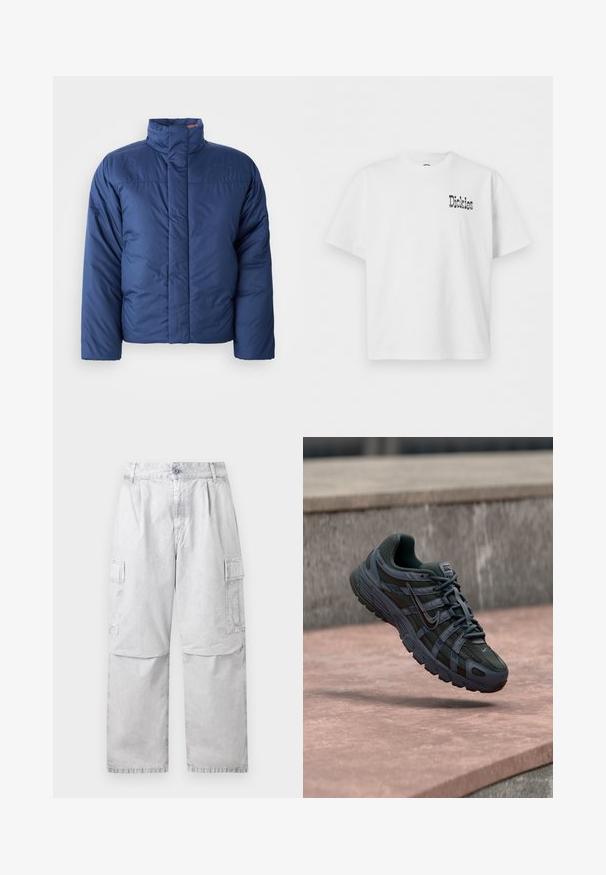 Marineblauer Daunenjacke mit hohem Kragen, vorderem Reißverschluss und gestepptem Design. Mit Logo auf der linken Brustseite.; Weißes T-Shirt mit kurzen Ärmeln und Rundhalsausschnitt, mit kleinem schwarzem "Dickies"-Logo auf der oberen linken Brust.; Hellgraue Cargo-Hosen mit Knopf- und Reißverschluss, seitlichen Klappentaschen und geradem Bein.; Dunkelgrauer Nike Laufschuh mit Mesh- und Synthetikdesign, schwebt über einer rosa Betonfläche vor grauem Stein-Hintergrund.
