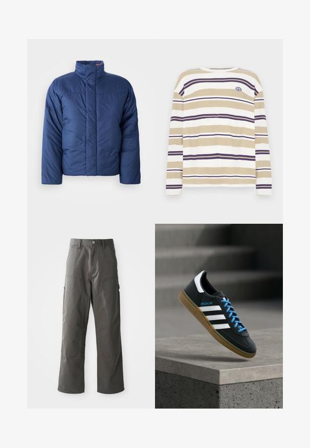 Marineblauer Daunenjacke mit hohem Kragen, vorderem Reißverschluss und gestepptem Design. Mit Logo auf der linken Brustseite.; Gestreiftes Langarmshirt in Beige, Weiß und Lila, mit gerippter Textur und Rundhalsausschnitt sowie kleinem Logo auf der Brust.; Graue Cargo-Hosen mit geradem Bein design, ausgestattet mit zwei Fronttaschen und zusätzlichen Seitentaschen für Stauraum. Hergestellt aus strapazierfähigem Stoff.; Schwarzer Adidas-Sneaker mit weißen Streifen, blauen Schnürsenkeln und Gummisohle, der über einer grauen Betontreppe im weichen Licht schwebt.