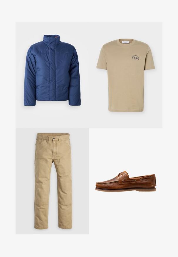 Marineblauer Daunenjacke mit hohem Kragen, vorderem Reißverschluss und gestepptem Design. Mit Logo auf der linken Brustseite.; Beiges T-Shirt mit kurzen Ärmeln, Rundhalsausschnitt und kleinem schwarzen Sportlogo auf der linken Brust mit dem Schriftzug "MOPD SPORTS MARC O'POLO DENIM".; Khakifarbene Arbeitshose aus robustem Baumwollstoff, mit geradem Bein, verstärkten Kniepolstern und mehreren Fronttaschen.; Braune Lederbootsschuhe mit gesteppten Akzenten, metallischen Ösen, einer erhöhten Naht an der Zehe und einer flachen Gummisohle.