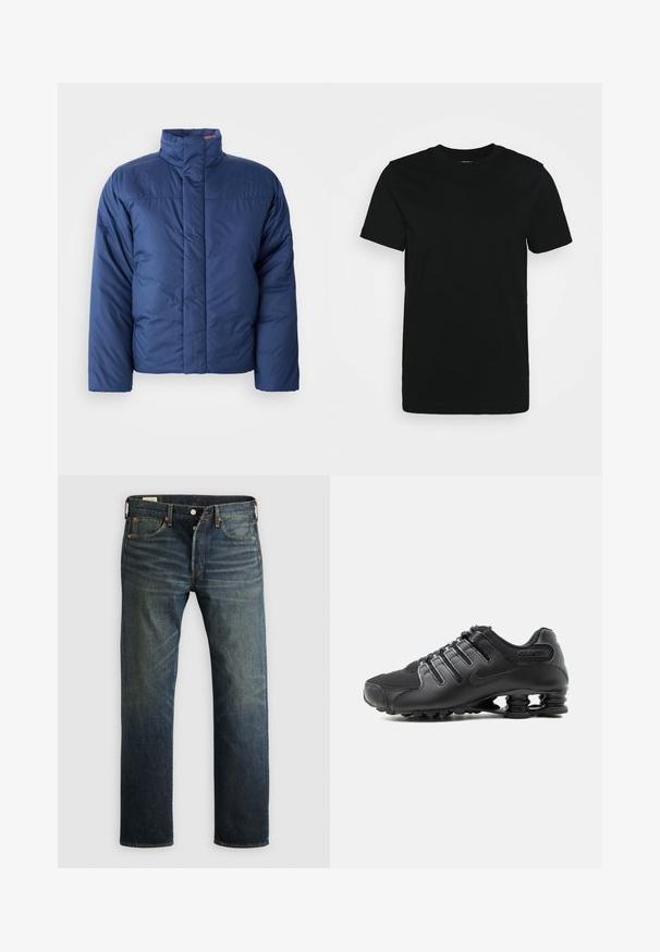 Marineblauer Daunenjacke mit hohem Kragen, vorderem Reißverschluss und gestepptem Design. Mit Logo auf der linken Brustseite.; Schwarzes kurzärmliges T-Shirt aus glattem Baumwollstoff, mit Rundhalsausschnitt und einem schlichten Design ohne Muster oder Akzente.; Dunkelblaue Denim-Jeans mit geradem Schnitt, fünf Taschen und Kupfennieten. Der Stoff hat ein leicht ausgewaschenes Finish, das Textur und Maserung zeigt.; Schwarzer Sportschuh mit strukturiertem Obermaterial, Schnürverschluss und markanter federartiger Sohlenunterstützung, sichtbar auf weißem Hintergrund.