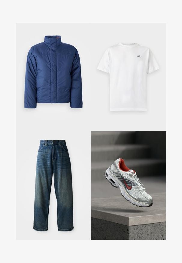 Marineblå dunjakke med høj krave, frontlynlås og quiltet tekstur. Har logo på venstre brystområde.; Hvid t-shirt med korte ærmer og rund halsudskæring med et lille sort New Balance-logo på øverste venstre bryst på en ensartet lys baggrund.; Bredde ben blå denimjeans med en falmet finish. Har fem lommer, knaplukning og kontrasterende syninger. Tyk stof.; Hvid og sølv Nike løbesko med røde accenter, der svæver over en betonkant og viser dens side- og såldetaljer.