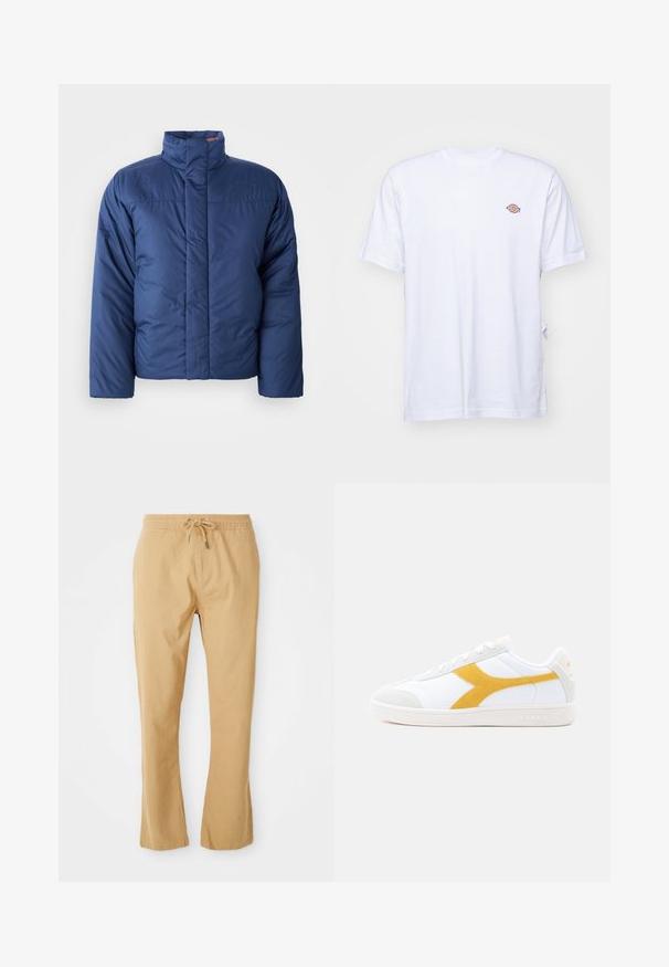 Marineblauer Daunenjacke mit hohem Kragen, vorderem Reißverschluss und gestepptem Design. Mit Logo auf der linken Brustseite.; Weißes Baumwoll-T-Shirt mit V-Ausschnitt und kurzen Ärmeln. Besitzt ein kleines, buntes, gesticktes Logo auf der linken Brustseite. Weiches Material.; Helle, leichte Hose in Beige mit einem Kordelzugbund, geradem Schnitt und Seitentaschen. Glatte Textur mit minimalen Nähdetails.; Weiße Sneaker mit gelbem Wildleder-Akzent und strukturierter Gummisohle, ausgestattet mit einem glatten Lederobermaterial und Schnürdesign.