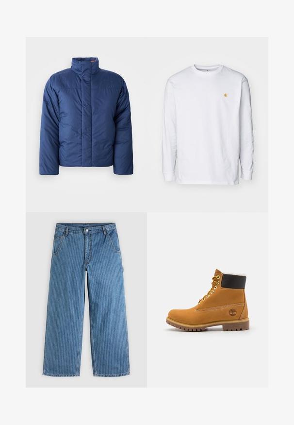 Marineblauer Daunenjacke mit hohem Kragen, vorderem Reißverschluss und gestepptem Design. Mit Logo auf der linken Brustseite.; Weißes Langarm-T-Shirt aus Baumwolle. Mit kleinem goldenem Logo auf der Brust und Rundhalsausschnitt. Einfaches Design und normale Passform.; Blaue Jeans mit weitem Bein und dünnen weißen vertikalen Nadelstreifen, Vordertaschen, Gürtelschlaufen und einem Knopfverschluss in der Taille.; Braune Leder-Ankle-Boots mit Metallösen, weißem Kunstfellfutter, schwarzem gepolstertem Kragen, robustem Sohlenprofil und geprägtem Logo an der Seite.