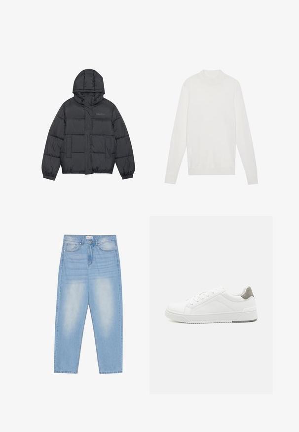 Doudoune en gris foncé avec fermeture éclair, capuche, deux poches avant, poignets élastiques et coussins cousus créant une texture. Logo sur la poitrine.; Pull-over blanc avec un col montant, des manches longues et des poignets et un ourlet côtelés. Fabriqué en tissu tricoté doux. Design simple et ajusté.; Jean en denim bleu clair avec une coupe décontractée, dotés de cinq poches, d'un léger délavage et de coutures le long des coutures.; Basket blanche en cuir lisse, à bout arrondi, design minimaliste, accent de talon gris et semelle en caoutchouc texturé.