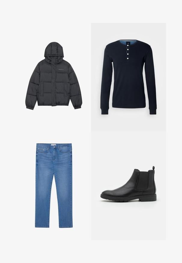 Doudoune en gris foncé avec fermeture éclair, capuche, deux poches avant, poignets élastiques et coussins cousus créant une texture. Logo sur la poitrine.; Chemise à manches longues bleu marine foncé en coton, avec un col henley et cinq boutons blancs, et des poignets côtelés. Texture douce et design ajusté.; Jeans en denim bleu clair avec une coupe droite, design à cinq poches, décoloration subtile et accents en métal au niveau de la taille et des poches.; Bottines Chelsea en cuir noir avec des panneaux élastiques sur les côtés et une languette, présentant un bout arrondi et une semelle en caoutchouc texturée.