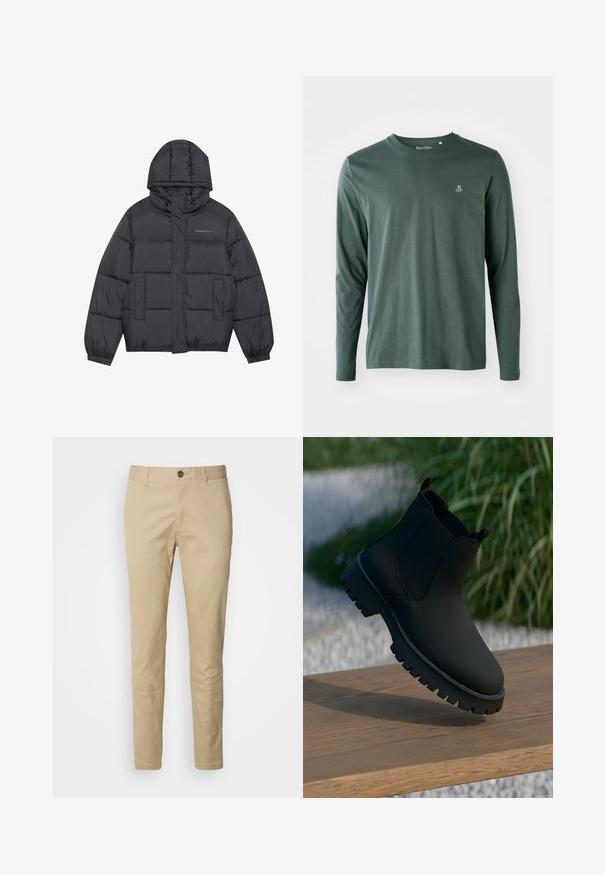 Doudoune en gris foncé avec fermeture éclair, capuche, deux poches avant, poignets élastiques et coussins cousus créant une texture. Logo sur la poitrine.; Chemise à manches longues en coton vert foncé avec un col rond, texture subtile et petit logo "M OP" blanc sur la poitrine gauche.; Chinos beiges avec une fermeture à bouton, coupe slim et tissu en coton lisse. Comprend des détails de couture et un design standard à cinq poches.; Botte cheville noire avec une finition lisse, des panneaux latéraux élastiques et une semelle épaisse et robuste. Présentée sur un fond naturel sur une surface en bois.