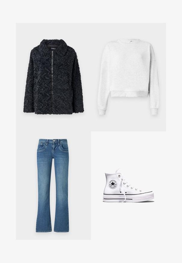 Veste noire, texturée et duveteuse avec un col, fermeture éclair à l'avant et manches longues. Présente un motif en zigzag sur le tissu.; Sweatshirt en coton gris avec un col rond, des épaules descendues et des poignets côtelés. Présente un ourlet court et un tissu doux et texturé.; Jeans flares bleu clair en denim, dotés de cinq poches, de coutures contrastées et d'une fermeture à bouton à la taille.; Baskets blanches montantes Converse Chuck Taylor All Star avec des rayures noires et un patch logo sur le côté, présentées sur un fond blanc uni.