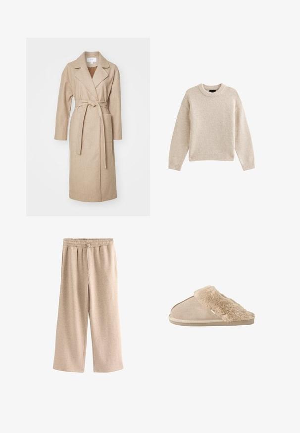Beige indpakningsfrakke i blødt stof med krave, lange ærmer, forlommer og et matchende bælte bundet i taljen.; Beige strikket sweater med rund hals, lange ærmer og ribbet kant. Tekstureret stof med en blød udseende. Enkel og alsidig design.; Beige bukser med vide ben, elastisk talje og snørre, lavet af et blødt, plettet stof.; Beige slip-on tøfler med blødt ruskind yderside og blødt, fluffy inderfor og manchet, designet til komfort indendørs.
