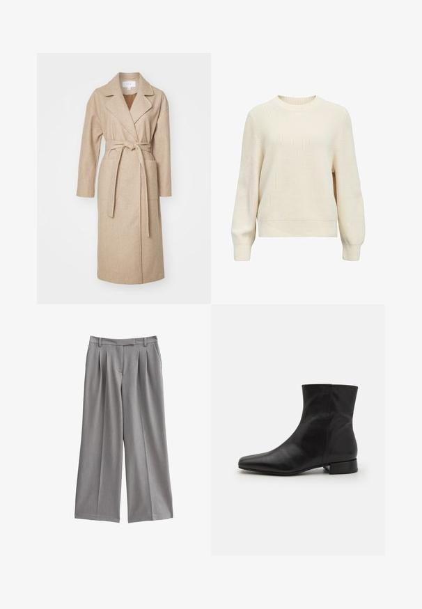 Beige indpakningsfrakke i blødt stof med krave, lange ærmer, forlommer og et matchende bælte bundet i taljen.; Kremfarvet sweater lavet af struktureret strikstof, med rund hals, lange ærmer og ribstrikkede manchetter og kant. Enkel, ensfarvet design.; Grå vidde bukser med plisseret front, lavet af et glat stof. Har en flad talje med bæltestropper og sidelommer.; Sort læder ankelstøvle med spids tå, glat tekstur, minimalistisk design og en lav blokhæl. Sidelukning går op til anklen.