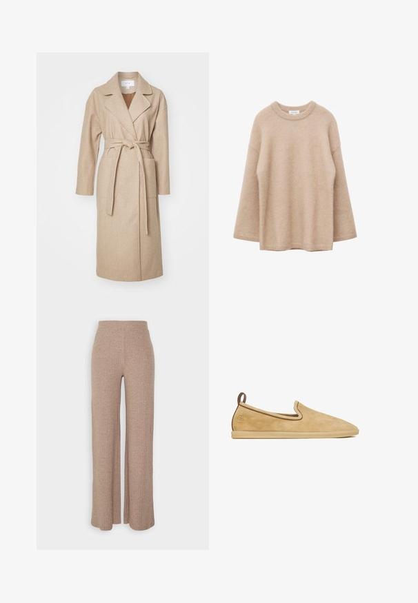 Beige indpakningsfrakke i blødt stof med krave, lange ærmer, forlommer og et matchende bælte bundet i taljen.; Beige langærmet sweater med rund hals, blød og fnugget tekstur og løs pasform, vist mod en hvid baggrund.; Beige ribbede vide bukser med høj talje og blød tekstur, der har en løs pasform og ingen synlige lukninger.; Beige ruskind slip-on sko med rundet tå, brun kant, trækflig ved hælen og flad gummisål.