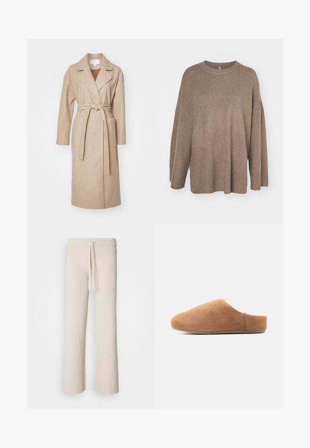 Beige indpakningsfrakke i blødt stof med krave, lange ærmer, forlommer og et matchende bælte bundet i taljen.; Brun oversized sweater med ribbet kant, brede ærmer og rund hals. Blød tekstur, minimalistisk design uden mønstre.; Beige brede bukser lavet af blødt stof, med en elastisk talje og snøre samt sideslidser i kanten.; Tan ruskind slip-on hjemmesko med lukket tå, åben hæl, flad sål og lille UGG-logo på siden, vist i profil.