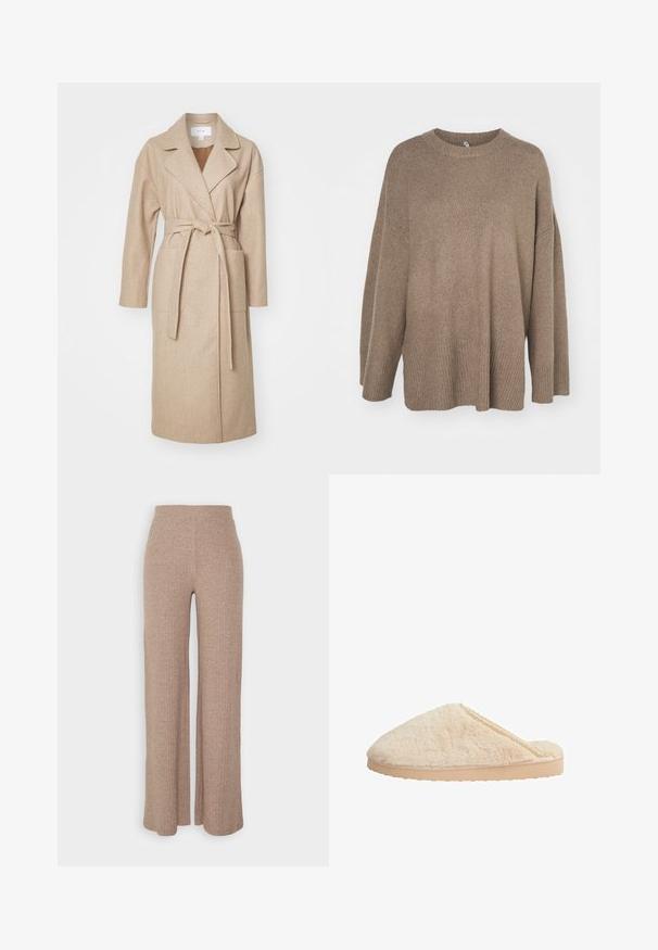 Beige indpakningsfrakke i blødt stof med krave, lange ærmer, forlommer og et matchende bælte bundet i taljen.; Brun oversized sweater med ribbet kant, brede ærmer og rund hals. Blød tekstur, minimalistisk design uden mønstre.; Beige ribbede vide bukser med høj talje og blød tekstur, der har en løs pasform og ingen synlige lukninger.; Beige pelslippers med en rund form, tekstureret overflade og en flad, lys farvet gummisål. Har en delikat blondeaccent langs kanten.
