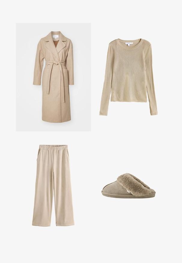 Beige indpakningsfrakke i blødt stof med krave, lange ærmer, forlommer og et matchende bælte bundet i taljen.; Beige ribstrikket langærmet sweater med rund halsudskæring og slim fit, vist fladt med synligt mærke ved kraven.; Beige bredbenede fløjlsbukser med elastik i taljen og sidelommer, vist fladt på hvid baggrund.; Beige slip-on tøfler med blød, plyssede pelsforing omkring åbningen og en ydersål med ruskindslignende overflade.