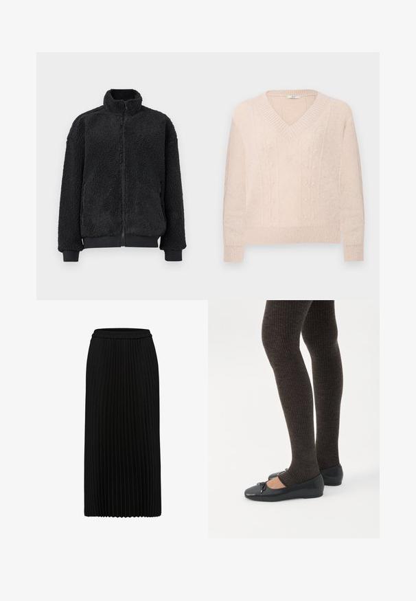 Veste en polaire noire avec col montant, fermeture éclair et poignets côtelés. La texture est douce et duveteuse, avec une coupe décontractée.; Pull en maille beige clair avec décolleté en V, finitions côtelées aux poignets et à l'ourlet, présentant des motifs floraux en relief subtils à motifs de câbles verticaux sur le devant.; Jupe midi plissée noire avec taille élastique et plis verticaux, présentée sur fond blanc.; Jambes portant des leggings côtelés foncés associés à des ballerines noires avec de petits détails en nœud sur fond blanc.