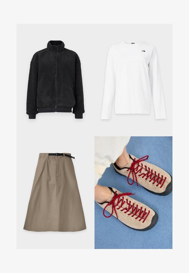 Μαύρο fleece μπουφάν με ψηλό γιακά, κλείσιμο με φερμουάρ και ριμπ μανσέτες. Η υφή είναι μαλακή και αφράτη, με χαλαρή εφαρμογή.; Λευκό μπλούζα μακρυμάνικη με στρογγυλή λαιμόκοψη και μικρό μαύρο λογότυπο The North Face στο αριστερό στήθος.; Φούστα σε σχήμα Α ανοιχτό καφέ με μαύρη ρυθμιζόμενη ζώνη, φτιαγμένη από λείο ύφασμα, τοποθετημένη επίπεδα σε λευκό φόντο.; Μπεζ παπούτσια με κόκκινες κορδόνες, τοποθετημένα σε μια υφή μπλε επιφάνειας, αποκαλύπτουν εν μέρει τον αστράγαλο ενός ατόμου. Τα παπούτσια έχουν σπορ σχεδιασμό.