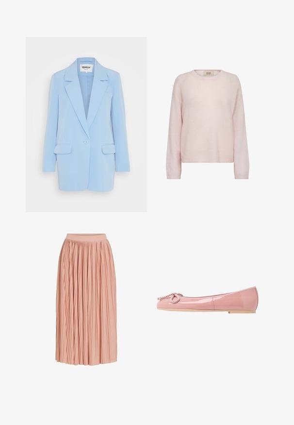Lichtblauwe blazer met een enkele knoopsluiting, notch-lapels, twee voorzakken en een getailleerde pasvorm. Gladde stoftextuur.; Zacht lichtroze trui met lange mouwen, een ronde hals, een iets losse pasvorm en geribbelde manchetten en zoom.; Lichtroze midi-rok met plooien en een brede tailleband, gemaakt van lichtgewicht stof, weergegeven tegen een witte achtergrond.; Roze gepatineerde leren ballerina's met een ronde neus, touwdetail aan de voorkant en een beige rubberen zool. Gladde, glanzende afwerking overal.