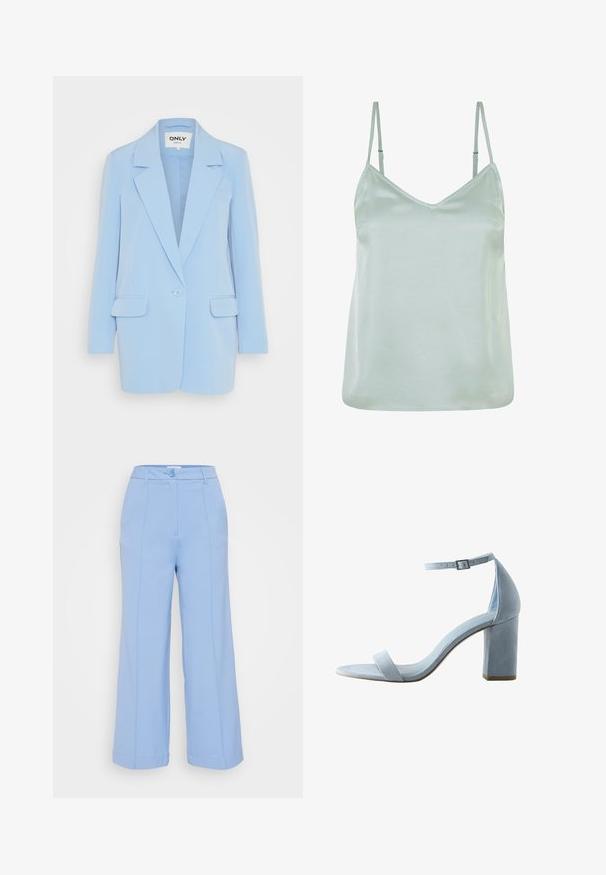Blazer azul claro con cierre de un solo botón, solapas con muesca, dos bolsillos frontales y un ajuste entallado. Textura de tela suave.; Camiseta de satén verde claro con tirantes finos ajustables y escote en V, con una textura suave y un corte holgado.; Pantalones de pierna ancha de color azul claro con cintura alta, cierre de botón en la parte frontal y bolsillos en las costuras laterales. Hechos de una tela suave y texturizada.; Sandalia de mujer de ante azul claro con tacón ancho, correa al tobillo con hebilla y tira abierta en la puntera.