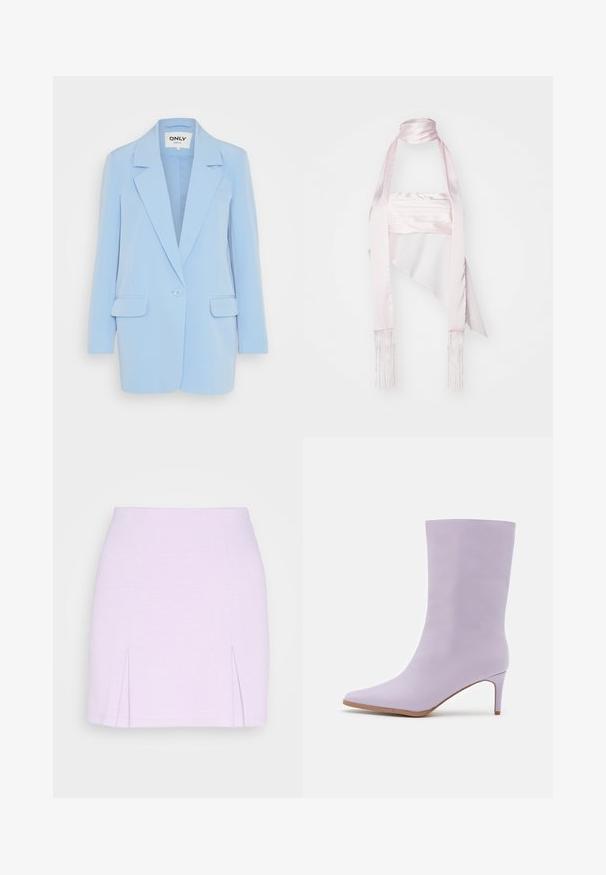 Lyseblå blazer med en enkelt knaplukning, smal krave, to frontlommer og en skræddersyet pasform. Glat stofstruktur.; Lyserød satin tørklæde med et langt design, som har frynser i kanten og en slank snøring. Den glatte tekstur og den draperede form øger dens elegance.; Even&Odd by Zalando Mini skirts - lilac; Even&Odd by Zalando Høje støvler/ Støvler - purple