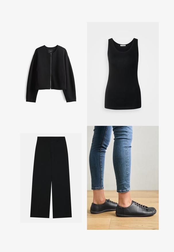 Zwarte cropped zip-up jas van soepel materiaal. Heeft een ronde halslijn, lange mouwen en zijzakken. Minimalistisch ontwerp.; Zwarte mouwloze tanktop, gemaakt van gladde stof, heeft een klassieke ronde halslijn en een getailleerd ontwerp. Geen patronen of accenten.; Zwart, wijde broek van een gladde stof. Heeft een plat tailleband met riemlussen en geen zichtbare zakken. Eenvoudig ontwerp.; Zwarte leren schoenen met een ronde neus, lage profiel en vetersluiting. Gecombineerd met blauwe, aansluitende jeans en een houten vloer als achtergrond.