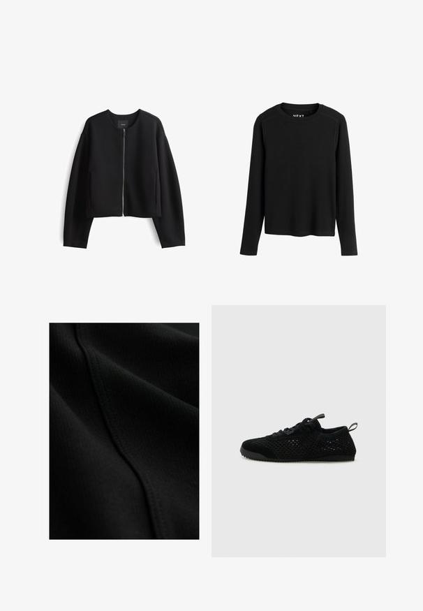 Zwarte cropped zip-up jas van soepel materiaal. Heeft een ronde halslijn, lange mouwen en zijzakken. Minimalistisch ontwerp.; Zwarte langslijf top gemaakt van ribbelstof. Ronde hals met verstevigde stiksels langs de schouders en een rechte zoom. Geen zichtbare patronen.; Zwarte stof met een geribbelde textuur, voorzien van subtiele stiksel details en gladde, vloeiende plooien. Dun en licht materiaal.; Zwarte sportieve schoenen met een bovenwerk van mesh, suède accenten en een gestructureerde zool. Lichtgewicht ontwerp met een laag profiel.