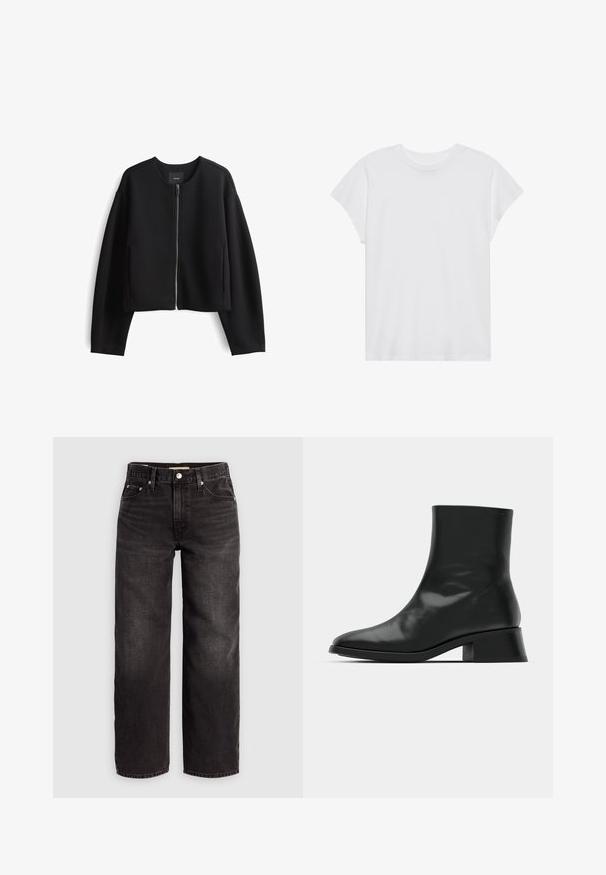 Zwarte cropped zip-up jas van soepel materiaal. Heeft een ronde halslijn, lange mouwen en zijzakken. Minimalistisch ontwerp.; Witte t-shirt met korte mouwen, ronde hals, relaxte pasvorm, gemaakt van zacht katoen. Glad textuur, geen patronen of logo's.; Levi's® BAGGY DAD - Baggy jeans - shrink up; Zwarte enkelboot van glanzend leer, met een slank ontwerp, spitse neus en een gematigde blokhak voor stabiliteit.