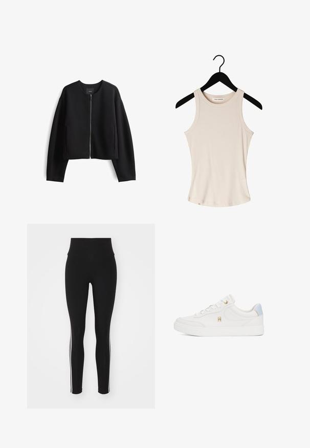 Zwarte cropped zip-up jas van soepel materiaal. Heeft een ronde halslijn, lange mouwen en zijzakken. Minimalistisch ontwerp.; Sofie Schnoor SNOS215 - MAA - Top - gebroken wit; Zwarte sportlegging met hoge taille, voorzien van witte zijstrepen, een soepele structuur en een strakke pasvorm, geschikt voor activewear.; Witte leren sneakers met een gladde textuur, gouden accenten en een lichtblauwe hieltab. Voorzien van platte veters en een afgeronde teen.