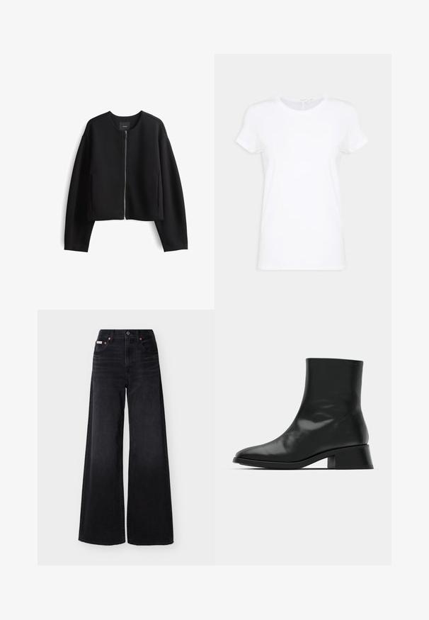 Schwarze, knöchellange Zip-Jacke aus glattem Stoff. Verfügt über einen runden Halsausschnitt, lange Ärmel und seitliche Taschen. Minimalistisches Design.; Weißes Baumwoll-T-Shirt mit kurzen Ärmeln, Rundhalsausschnitt und lockerer Passform. Glatte Textur ohne sichtbare Muster oder Akzente.; Schwarze Jeans mit weitem Bein, hoher Taille, Knopfleiste vorne, Reißverschluss, Gürtelschlaufen und Fünf-Taschen-Design.; Schwarze Ankle Boots aus glänzendem Leder, mit einem eleganten Design, spitzer Zehenpartie und einem moderaten Blockabsatz für Stabilität.