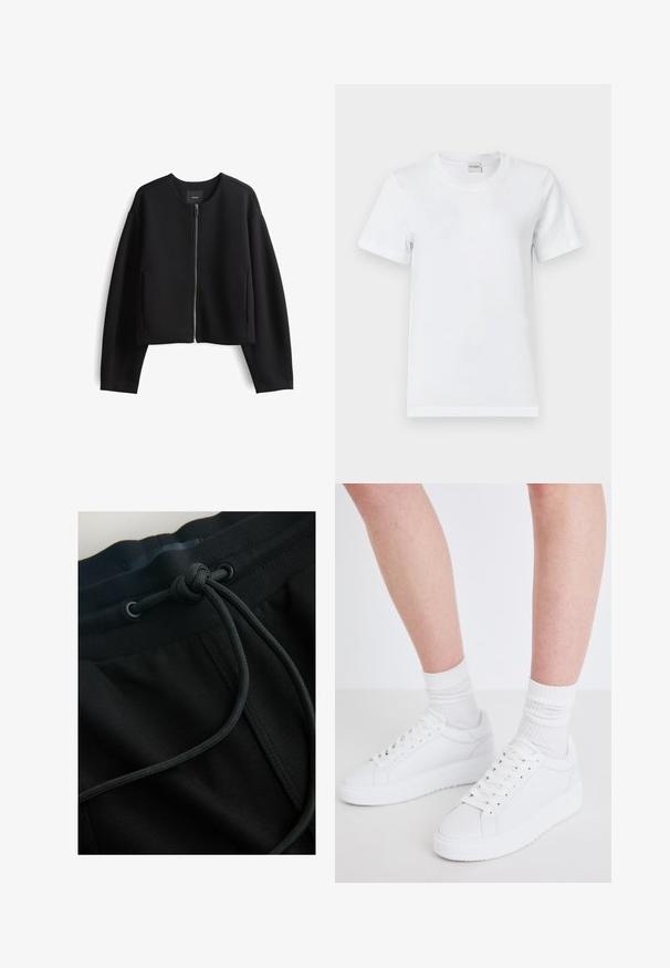 Schwarze, knöchellange Zip-Jacke aus glattem Stoff. Verfügt über einen runden Halsausschnitt, lange Ärmel und seitliche Taschen. Minimalistisches Design.; Weißes Baumwoll-T-Shirt mit rundem Halsausschnitt, kurzen Ärmeln, gerader Saum und glatter Textur. Keine Muster oder zusätzliche Verzierungen.; Schwarze Jogginghosen mit Kordelzugbund und strukturiertem Stoff, wobei der Fokus auf glatten Linien und minimalistischer Gestaltung liegt.; Copenhagen Studios CPH72 - Sneaker low - white