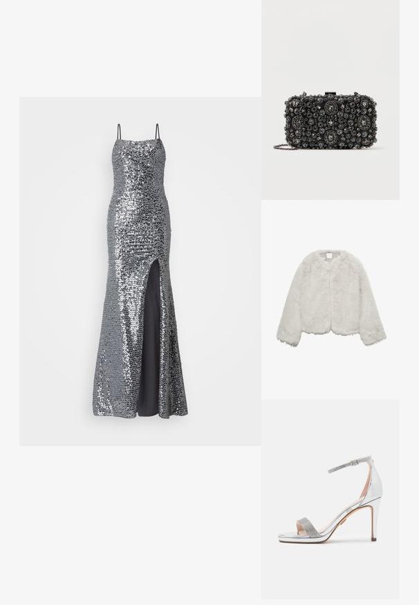 Veste en fausse fourrure grise avec un col rond, des manches longues et une coupe courte. Texture douce avec une finition pelucheuse. Aucune fermeture visible.; Robe de soirée en sequins argentés avec des bretelles spaghetti, corsage ajusté et fente haute sur la cuisse. Doublure noire lisse en dessous.; Sandale à talons hauts en argent avec un dessus en vernis brillant, une sangle en strass texturée, une sangle de cheville ajustable et un design à bout ouvert carré.; Pochette noire ornée de rhinestones ronds et ovales de différentes tailles, avec une chaîne en argent et un fermoir.