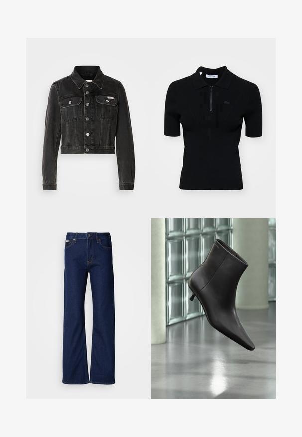 Schwarze, verkürzte Jeansjacke mit Knopfleiste, zwei Brusttaschen und spitzem Kragen. Verfügt über eine silberfarbene Hardware und eine verblasste Textur.; Schwarz gestreifter Poloshirt mit kurzen Ärmeln, Reißverschlusskragen und einem subtilen Logodetail. Hergestellt aus strukturiertem Strickmaterial.; Dunkelblaue Jeans aus Denim mit weitem Bein, geradem Schnitt, fünf Taschen und einem Reißverschluss vorne. Nähte mit Detail entlang der Kanten.; Schwarzer Leder-Knöchelstiefel mit spitzer Spitze und kleinem Absatz vor einer Wand aus Glasbausteinen und einem polierten Boden.