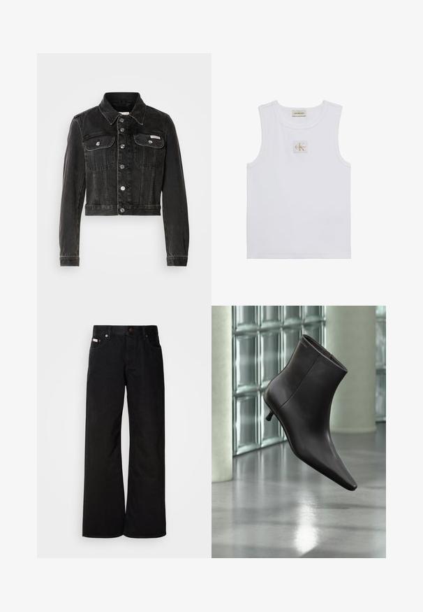 Schwarze, verkürzte Jeansjacke mit Knopfleiste, zwei Brusttaschen und spitzem Kragen. Verfügt über eine silberfarbene Hardware und eine verblasste Textur.; Weißes ärmelloses Tanktop mit Calvin Klein Jeans-Label auf der Brust und einem Etikett nahe dem Halsausschnitt vor weißem Hintergrund.; Schwarze weite Jeans aus Baumwolle. Verfügt über frontale Taschen, einen Knopfverschluss und eine klassische Denim-Textur. Minimalistisches Design ohne Muster.; Schwarzer Leder-Knöchelstiefel mit spitzer Spitze und kleinem Absatz vor einer Wand aus Glasbausteinen und einem polierten Boden.