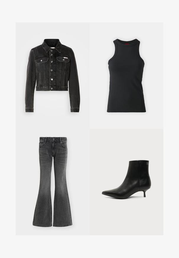 Schwarze, verkürzte Jeansjacke mit Knopfleiste, zwei Brusttaschen und spitzem Kragen. Verfügt über eine silberfarbene Hardware und eine verblasste Textur.; Schwarzes ärmelloses Top aus dehnbarem Material. Mit Rundhalsausschnitt und taillierter Silhouette sowie minimalistischen Nähdetails.; Schwarze Denim-Jeans mit dezenten vertikalen Nadelstreifen, Vordertaschen, Knopfverschluss und ausgestellten, weiten Beinen.; Schwarzer Leder-Knöchel-Stiefel mit spitzer Spitze und niedrigem Kittenabsatz vor hellem Hintergrund, seitliche Ansicht.