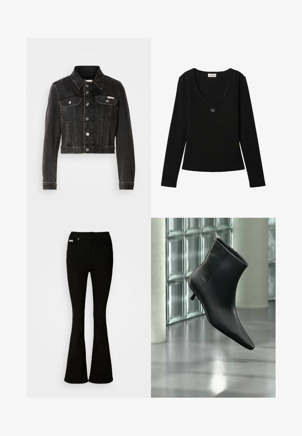 Zwarte cropped denimjacket met knoopsluiting, twee borstzakken en puntige kraag. Heeft rigide zilverkleurige accenten en een vervaagde textuur.; Zwarte geribde top met lange mouwen, ronde halslijn en klein Calvin Klein-logo patch in het midden van de borst.; Zwarte uitlopende jeans met een strakke taille, gemaakt van zachte denim. Bevat twee voorkruiden en een klassieke knoop- en ritssluiting.; Zwarte leren enkellaars met spits toelopende neus en lage kittenhak, schuin weergegeven tegen een gepolijste vloer en een glazen blokken muur als achtergrond.