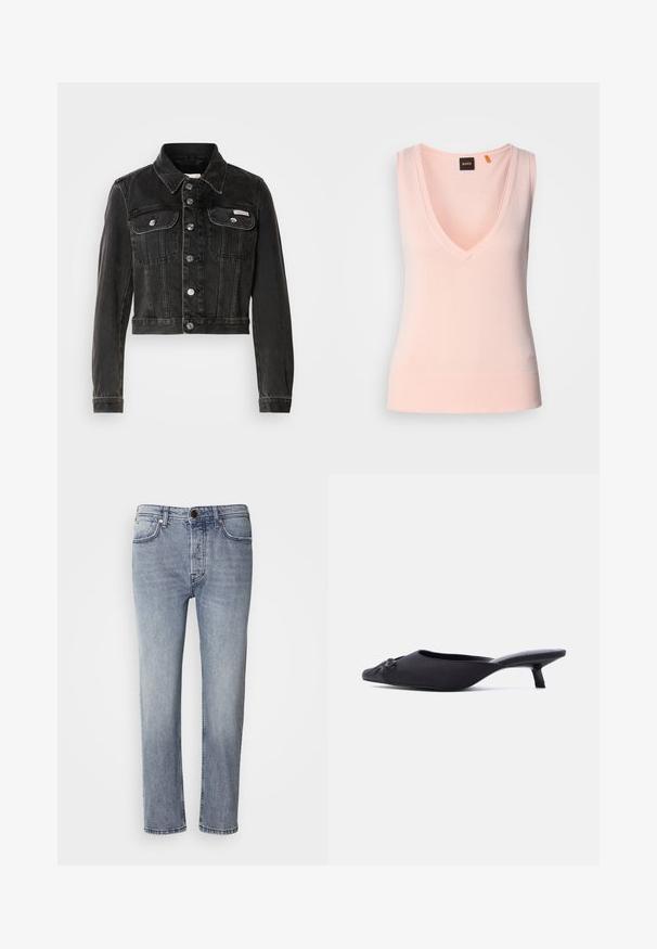 Sort cropped denimjakke med knaplukning, to brystlommer og spids krave. Har sølvfarvet hardware og en falmet tekstur.; Lys pink udenær sweater med dyb V-udskæring, ribbede kanter, glat tekstur og broderet logo nederst til venstre.; Lys blå denimjeans med en afslappet pasform, lige ben og subtil falmning. Har en frontlukning med knap og fem lommer til praktisk brug.; Sort mule sko til kvinder med spids tå, overdelsmateriale i stof, lille kittenhæl og en dekorativ sløjfe foran, vist i sideprofil.